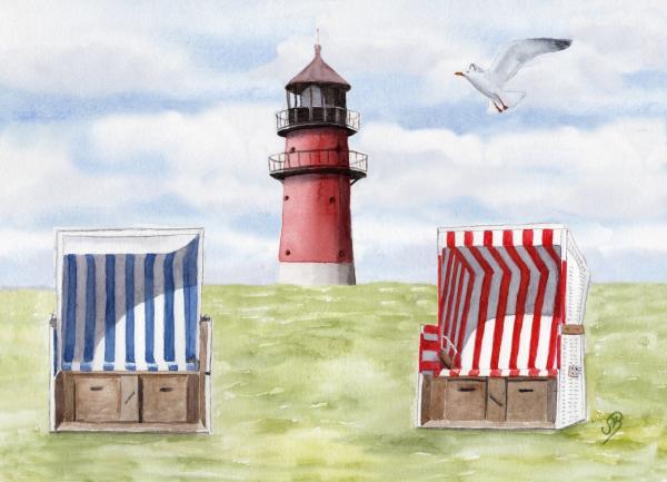 Postkarte DIN-A6 Aquarell Maritim Kunst Druck Kunstdruck Nordsee Büsum Leuchtturm Strandkorb Strand Meer